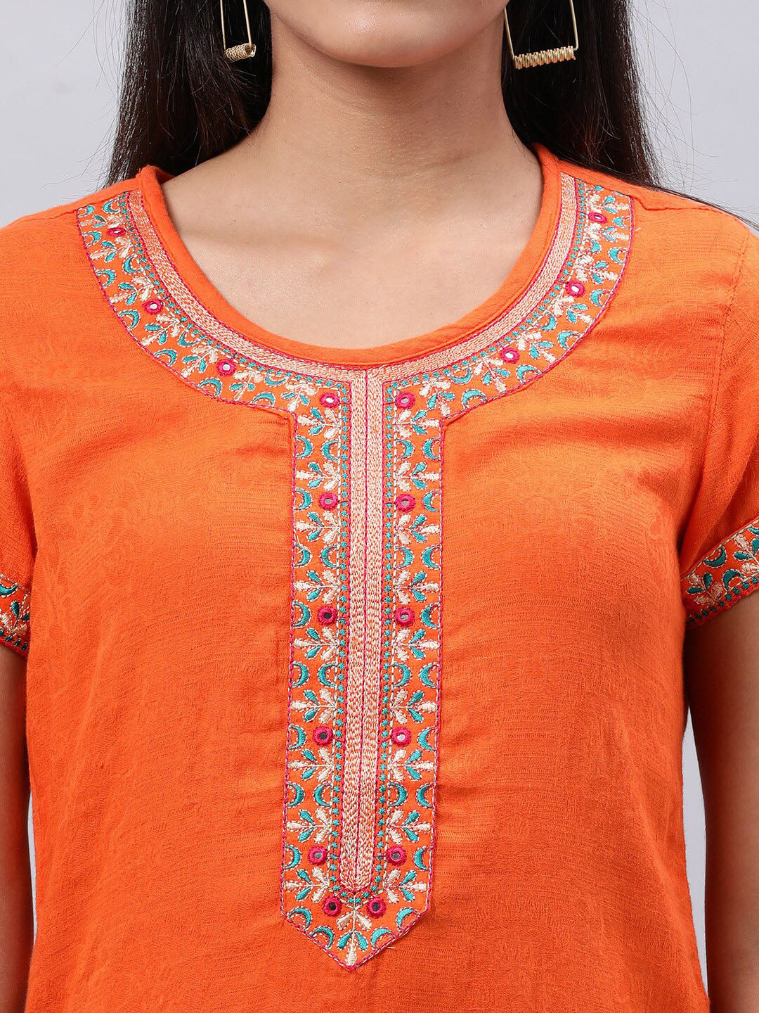 Souchii Orange Floral Embroidered Mirror Work Mirror Work Kurti 
