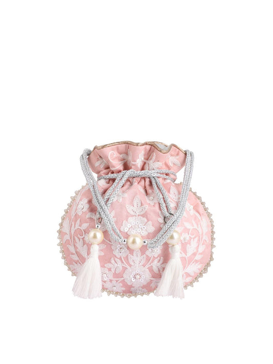Masq Pink & White Embellished Embroidered Potli Clutch - Grab2buy