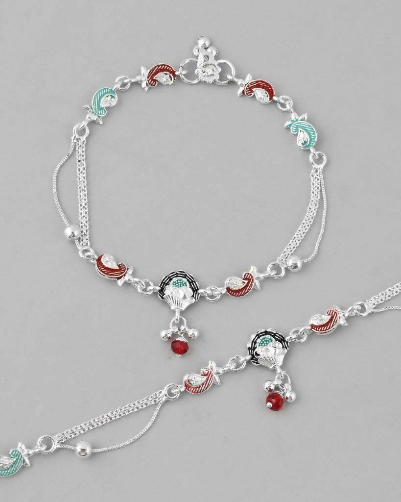 VOJ Set of 2 Traditional Stone Studded Mutli Color Designer Anklet 