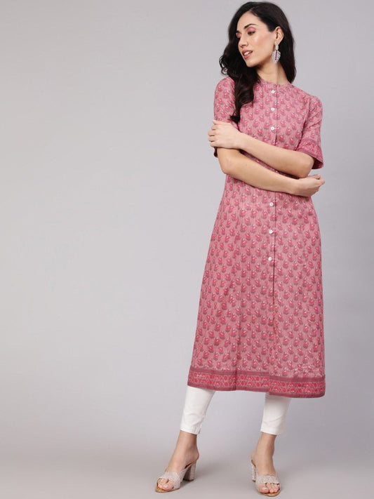 Aks Floral Printed Mandarin Collar A-line Kurta