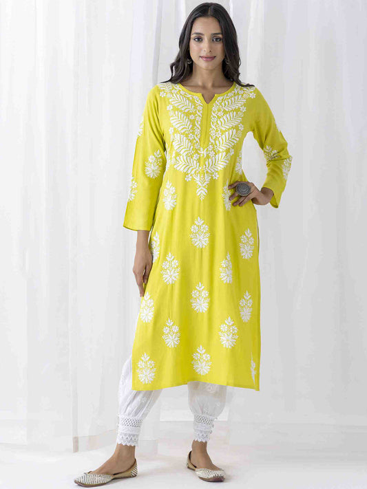 HOUSE OF KARI Floral Embroidered Chikankari Straight Kurta 