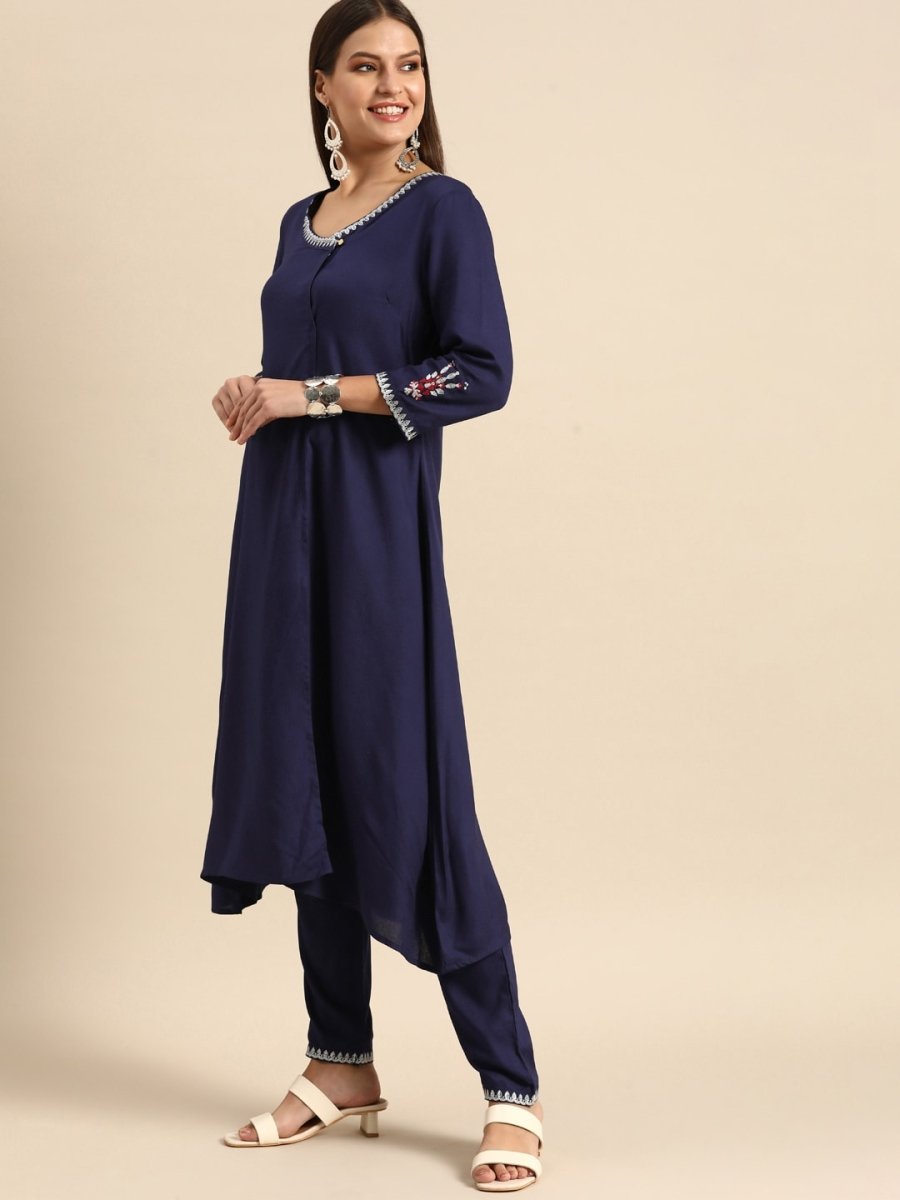 All About You Women Navy Blue Embroidered Kurta with Trousers