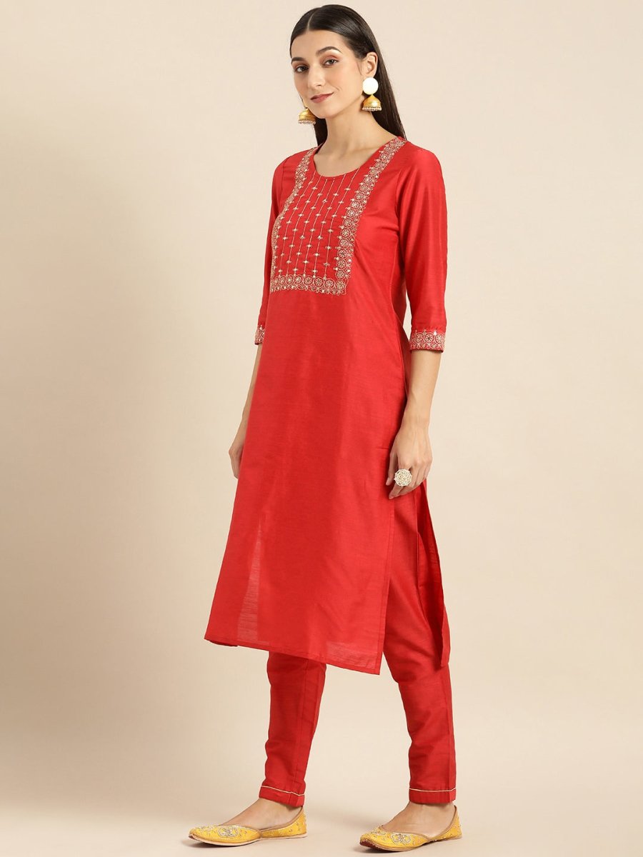 All About You Women Red Woven Design Kurta with Trousers