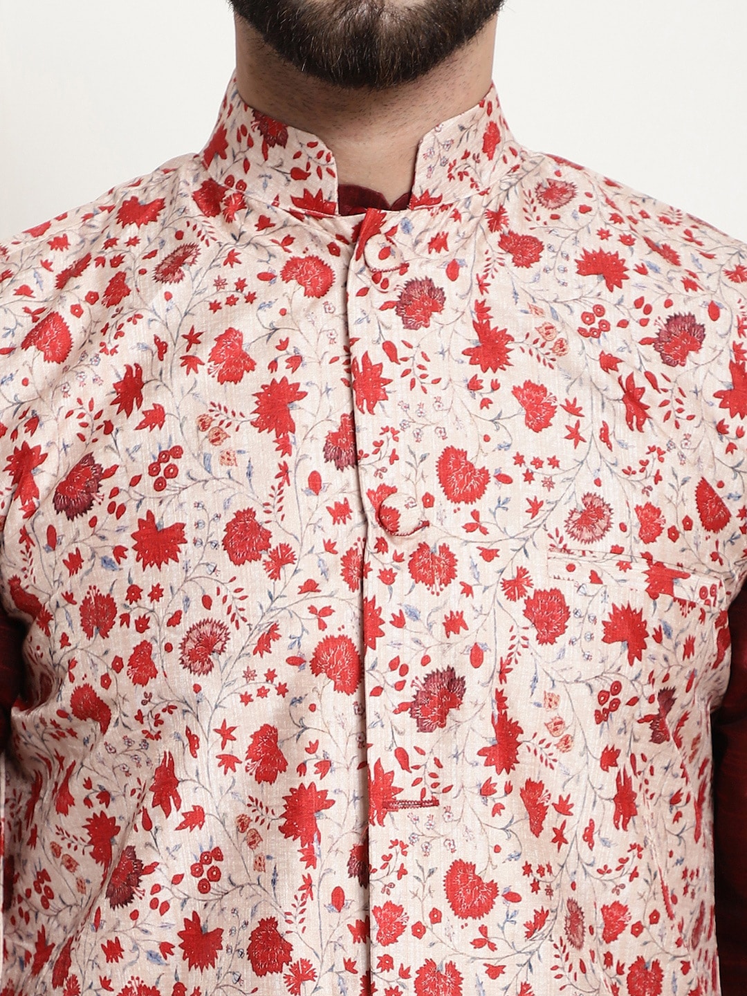 Sojanya Men Maroon & Beige Solid Kurta with Churidar & Printed Nehru Jacket 