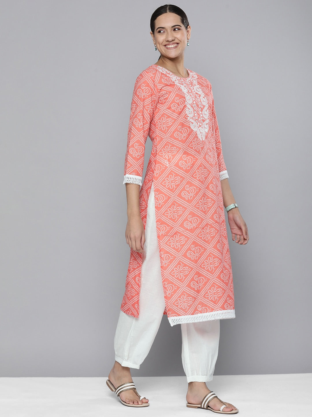 HERE&NOW Women Orange Ethnic Motifs Embroidered Pure Cotton Kurta with Trousers & With Dupatta