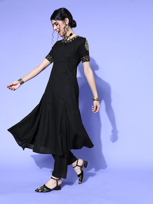 HERE&NOW Women Black & Red Embroidered Kurta Set