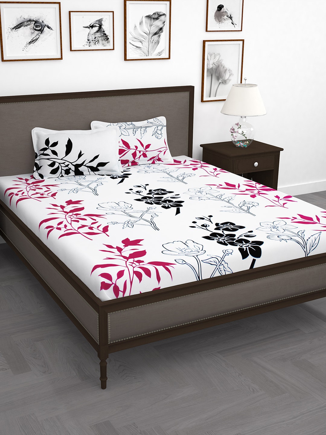 Story@home White & Pink Floral King Bedsheet with 2 Pillow Covers 