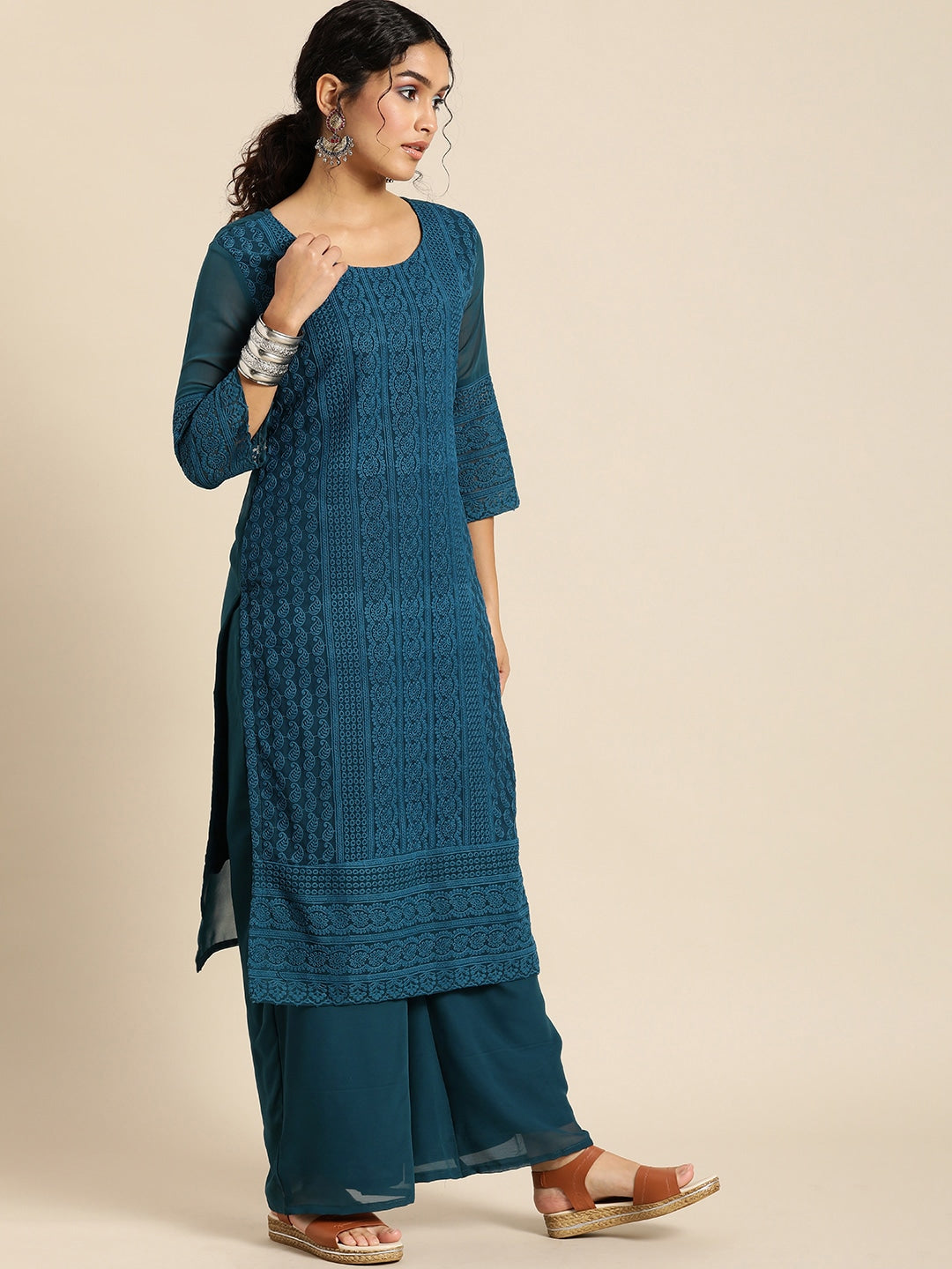 Sangria Women Teal Blue Ethnic Motifs Chikankari Kurta with Palazzos 