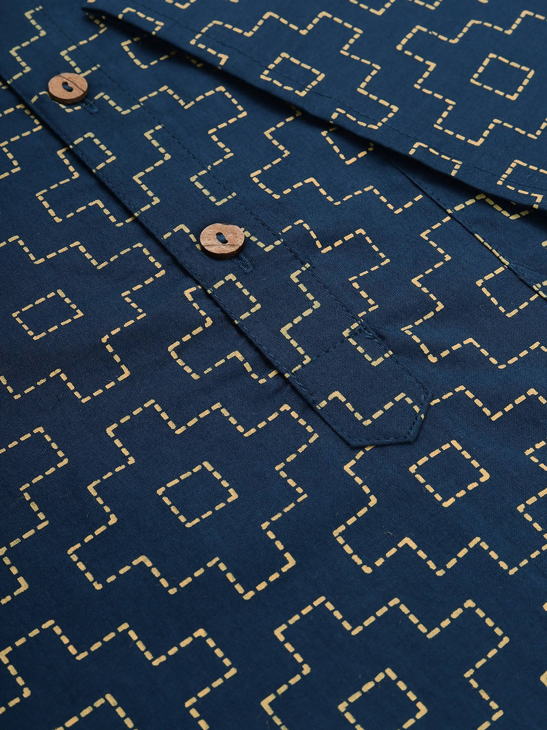 Janasya Men Navy Blue & Yellow Geometric Printed Kurta