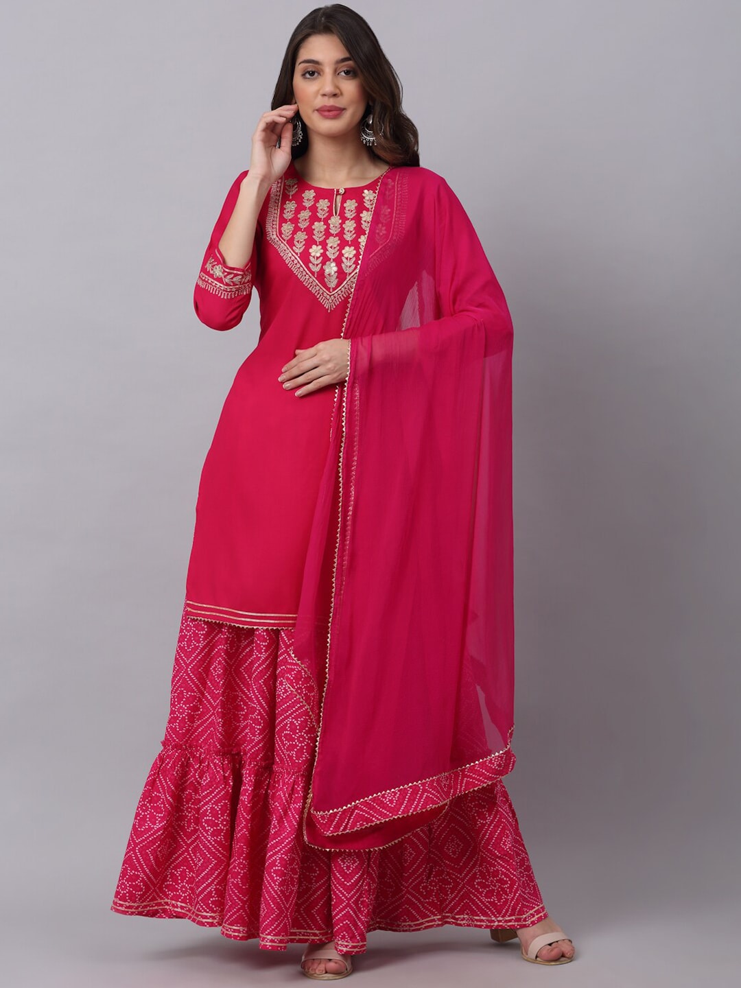 Kalini Women Pink Floral Embroidered Layered Gotta Patti Kurti with Sharara & With Dupatta 