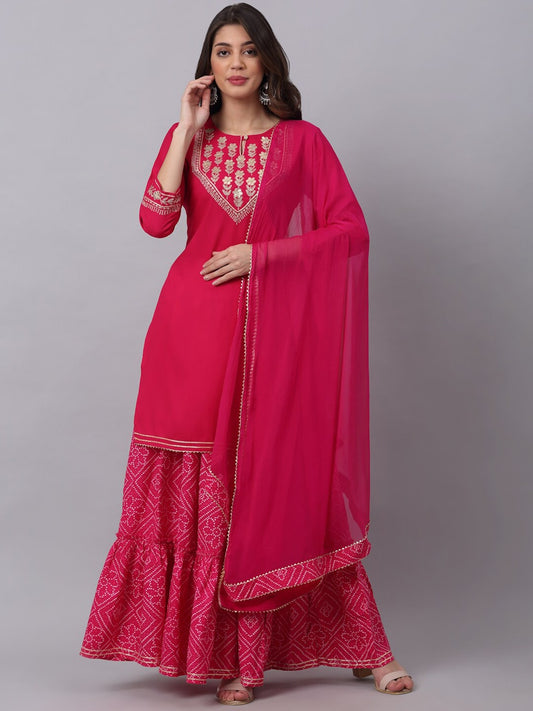 Kalini Women Pink Floral Embroidered Layered Gotta Patti Kurti with Sharara & With Dupatta 