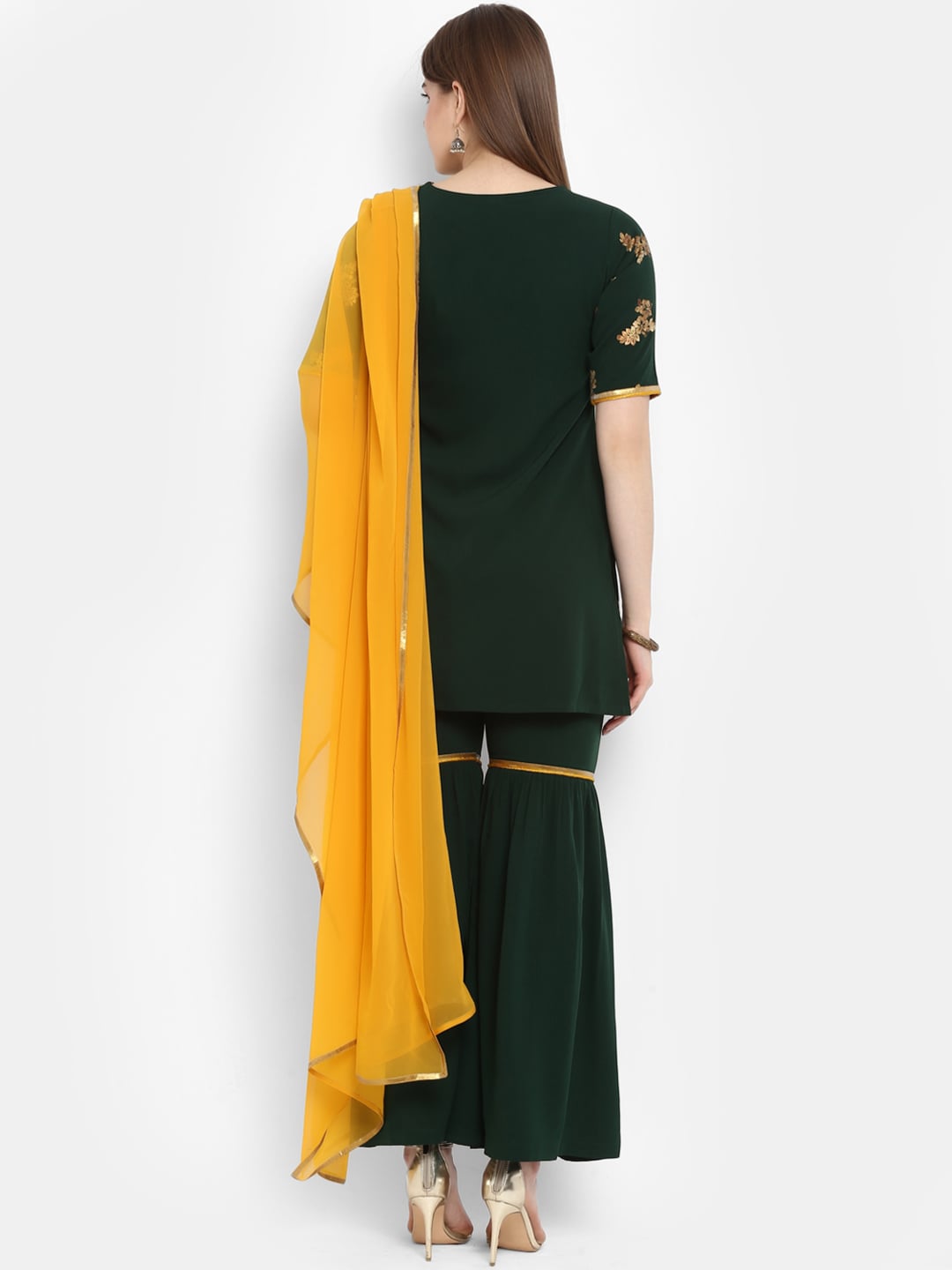 Janasya Women Green & Orange Printed Kurta with Sharara & Dupatta