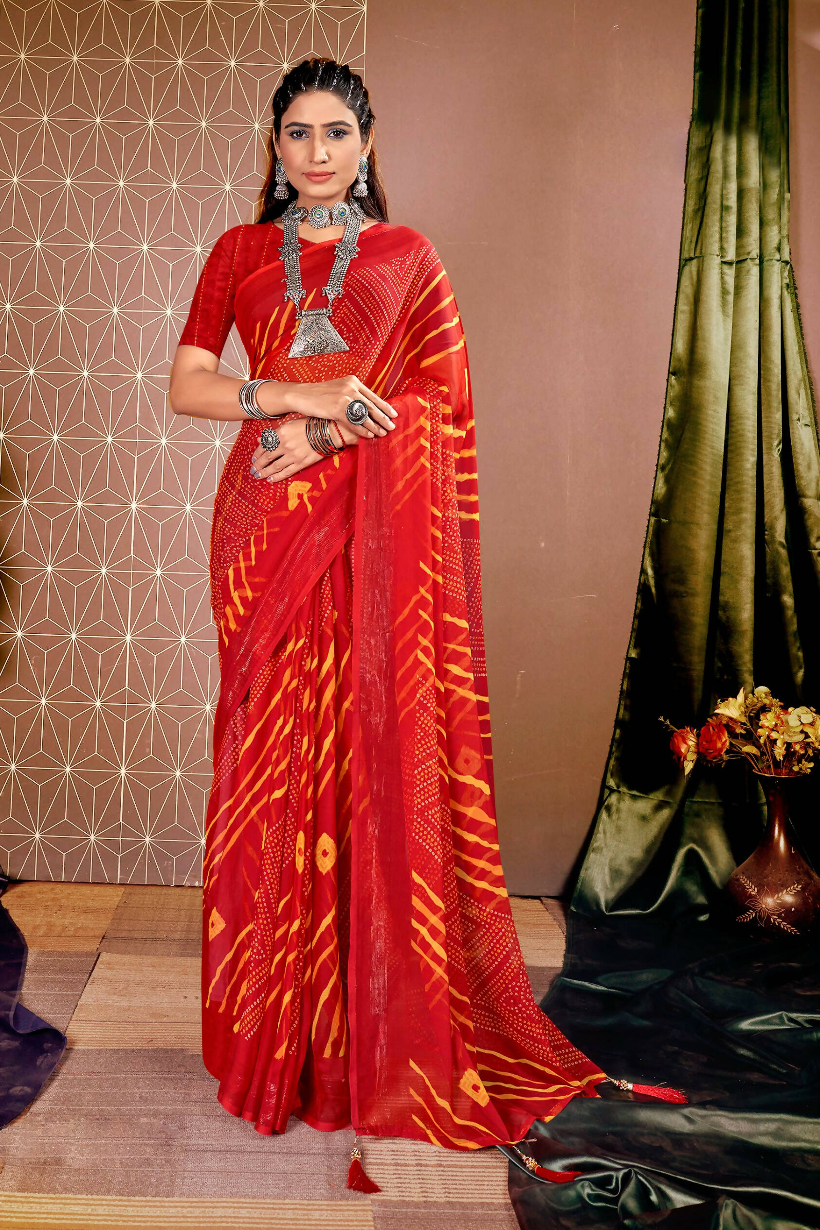 Red Chiffon Leheriya Printed Saree With Unstitched Blouse Piece - Shanaya