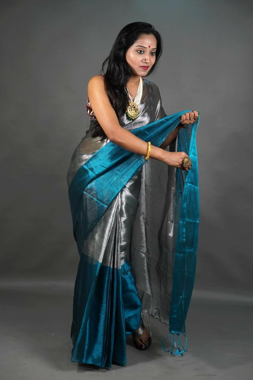 Exclusive Collection Beautiful Gray Green Tissue Silk Hand Weaving Handloom Grab2Buy With Running Blouse Piece 