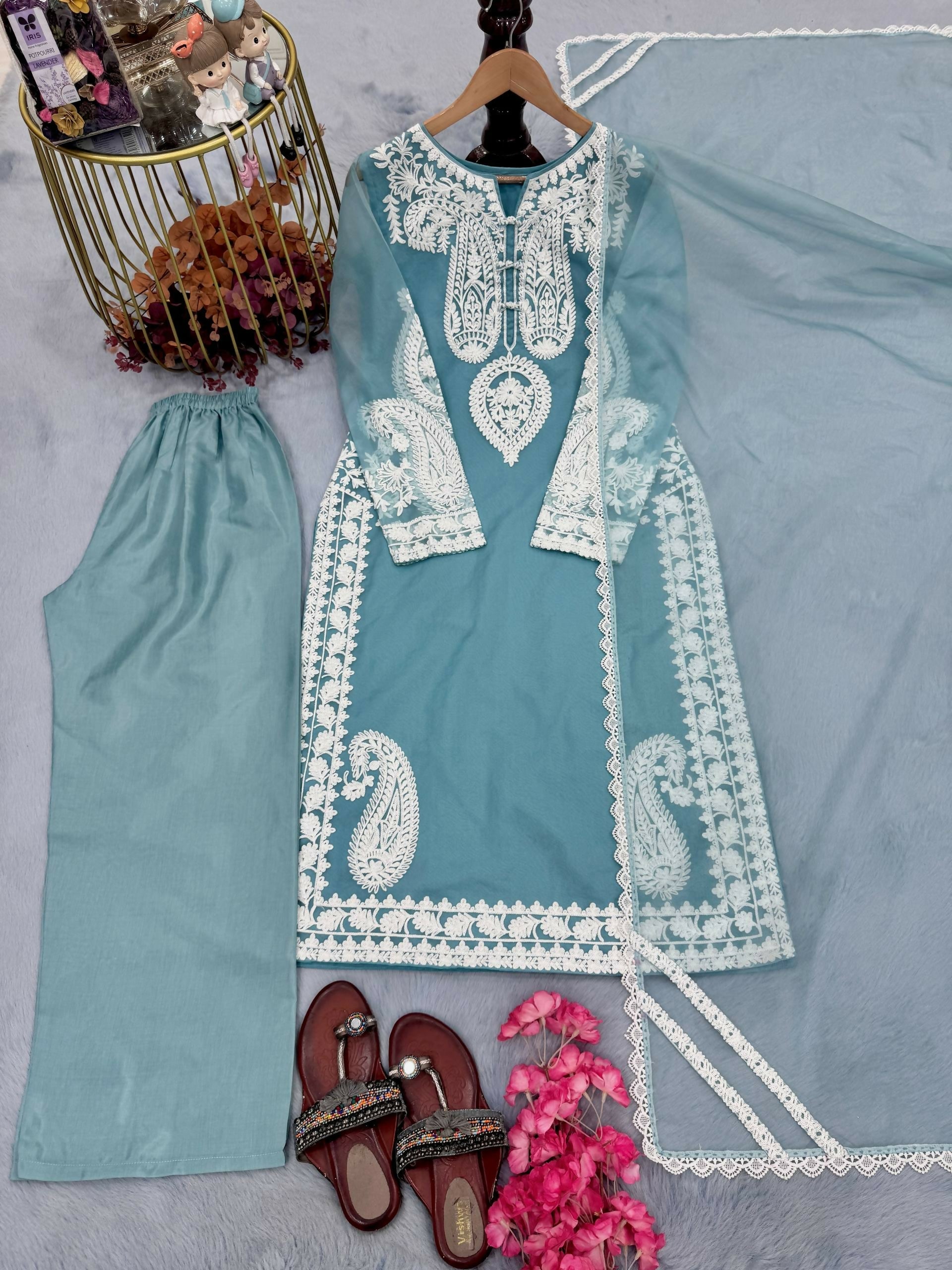 Teeya Creation Womenes New Trendy Heavy Embroidery Work KurtaTeeya Creation Womenes New Trendy Heavy Embroidery Work Kurta Plazzo Set - Blue Set - Blue