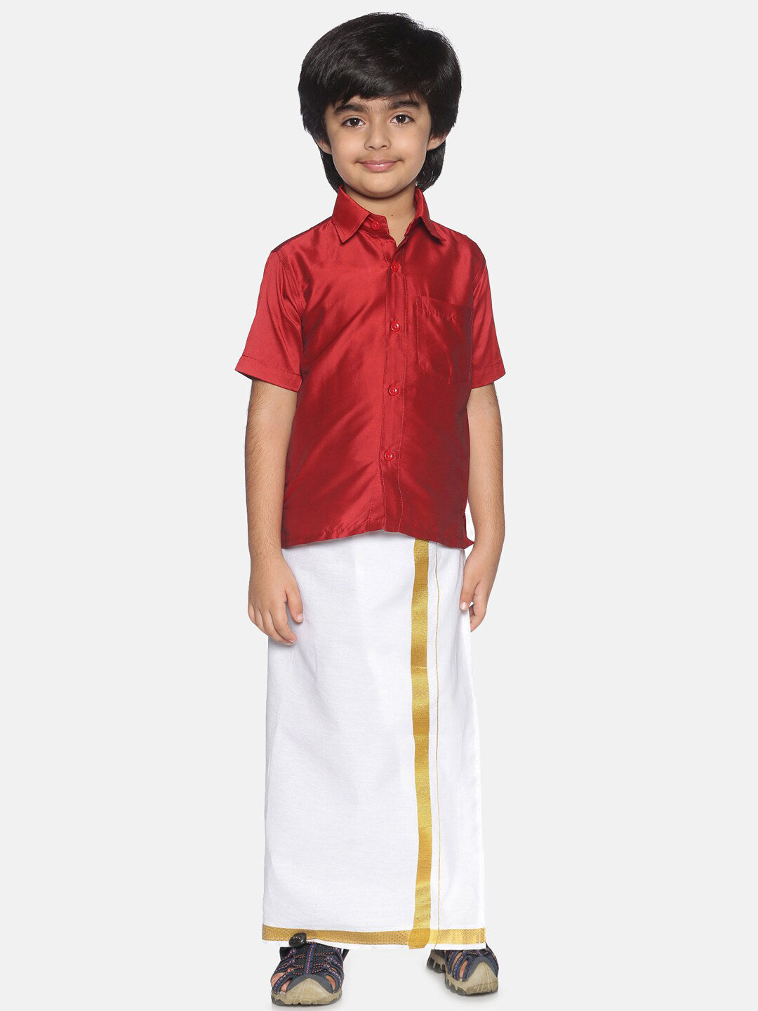 Sethukrishna Boys Red & White Shirt With Veshti Set