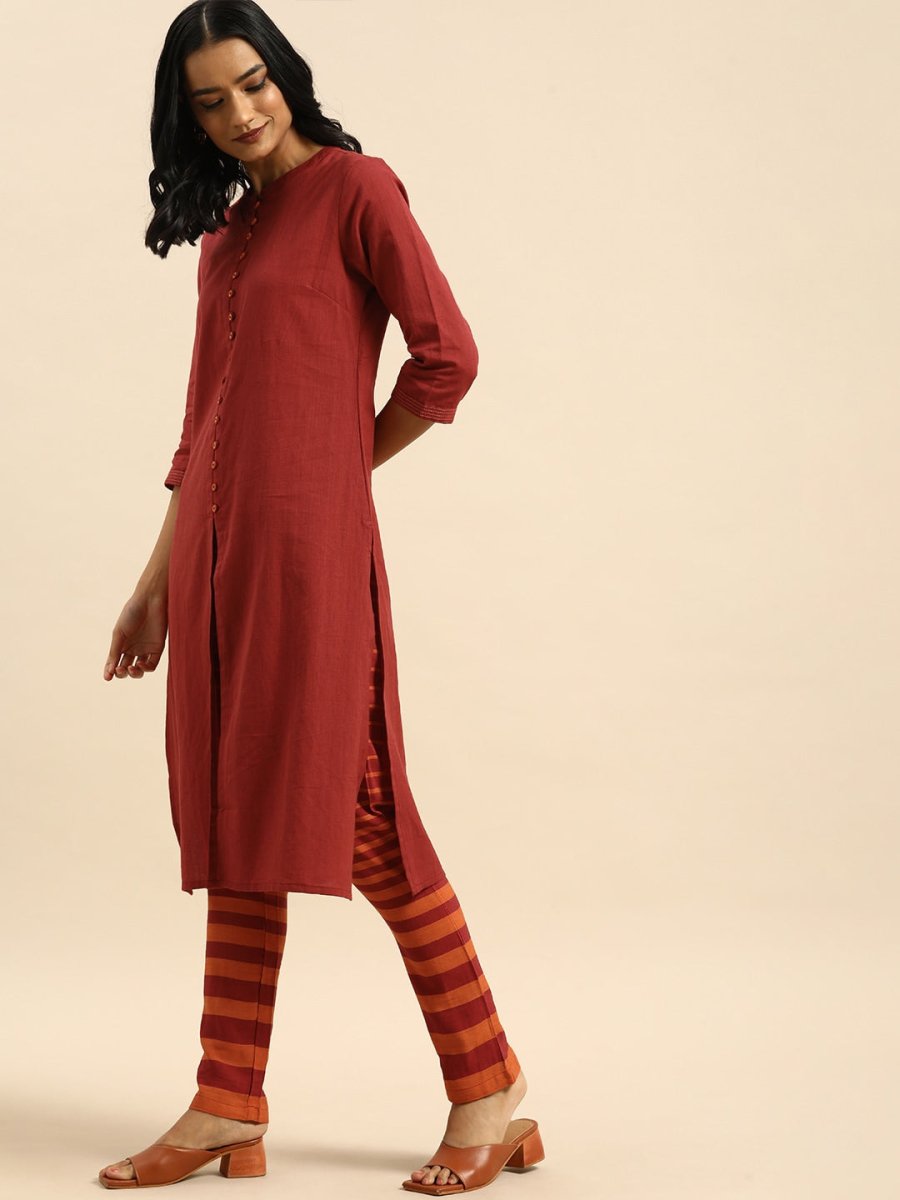 All About You Women Red & Orange Pure Cotton Kurta with Trousers