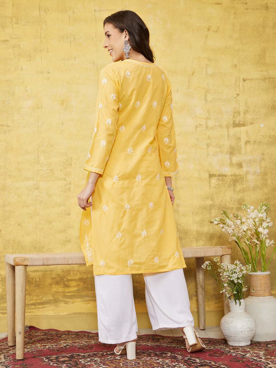 ADA Women Yellow & White Chikankari Embroidered Straight Sustainable Handloom Kurta 