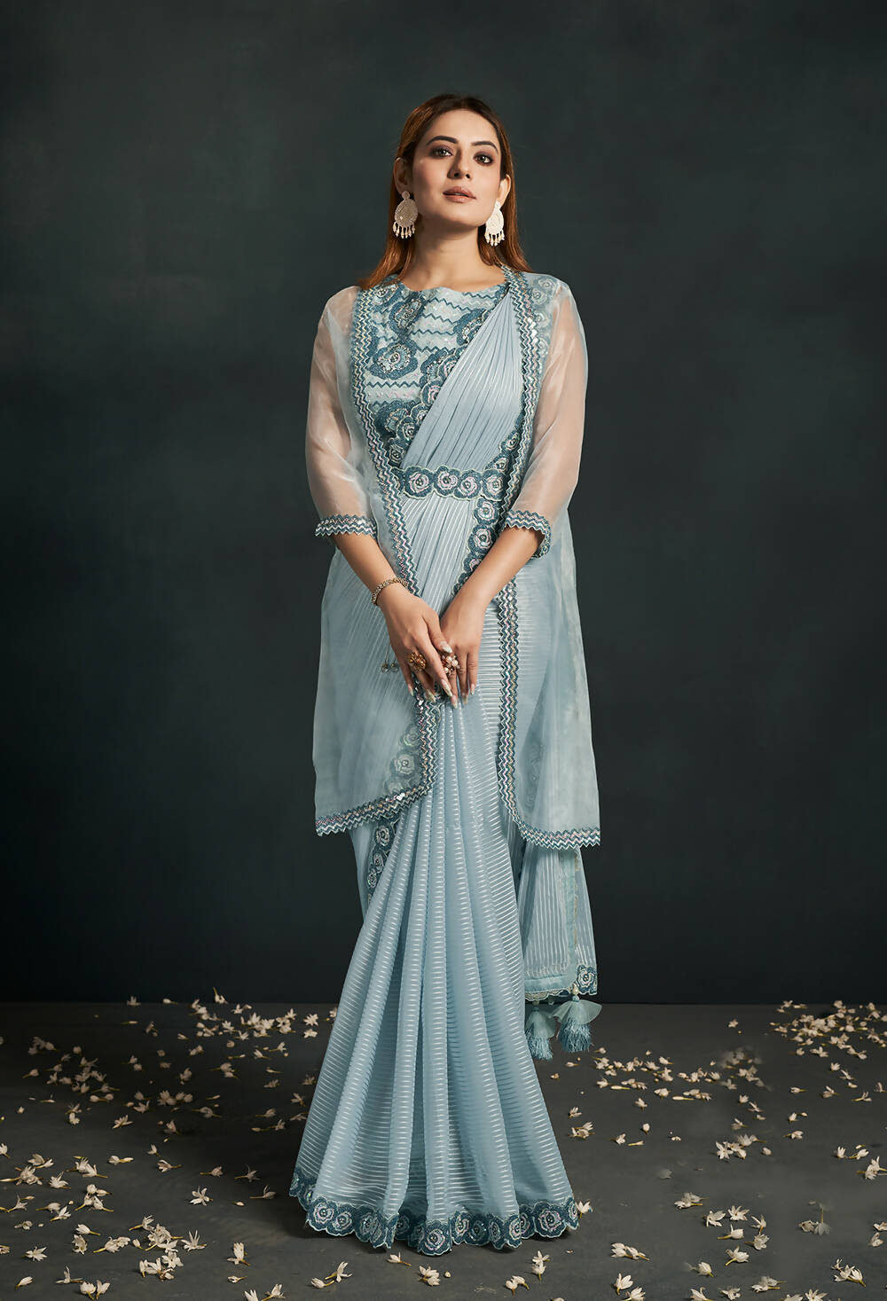 Light Blue Pattern Jari Georgette Cord Sequence & Thread Embroidered & Stone Work Saree - Moh-Manthan Royal Enigma