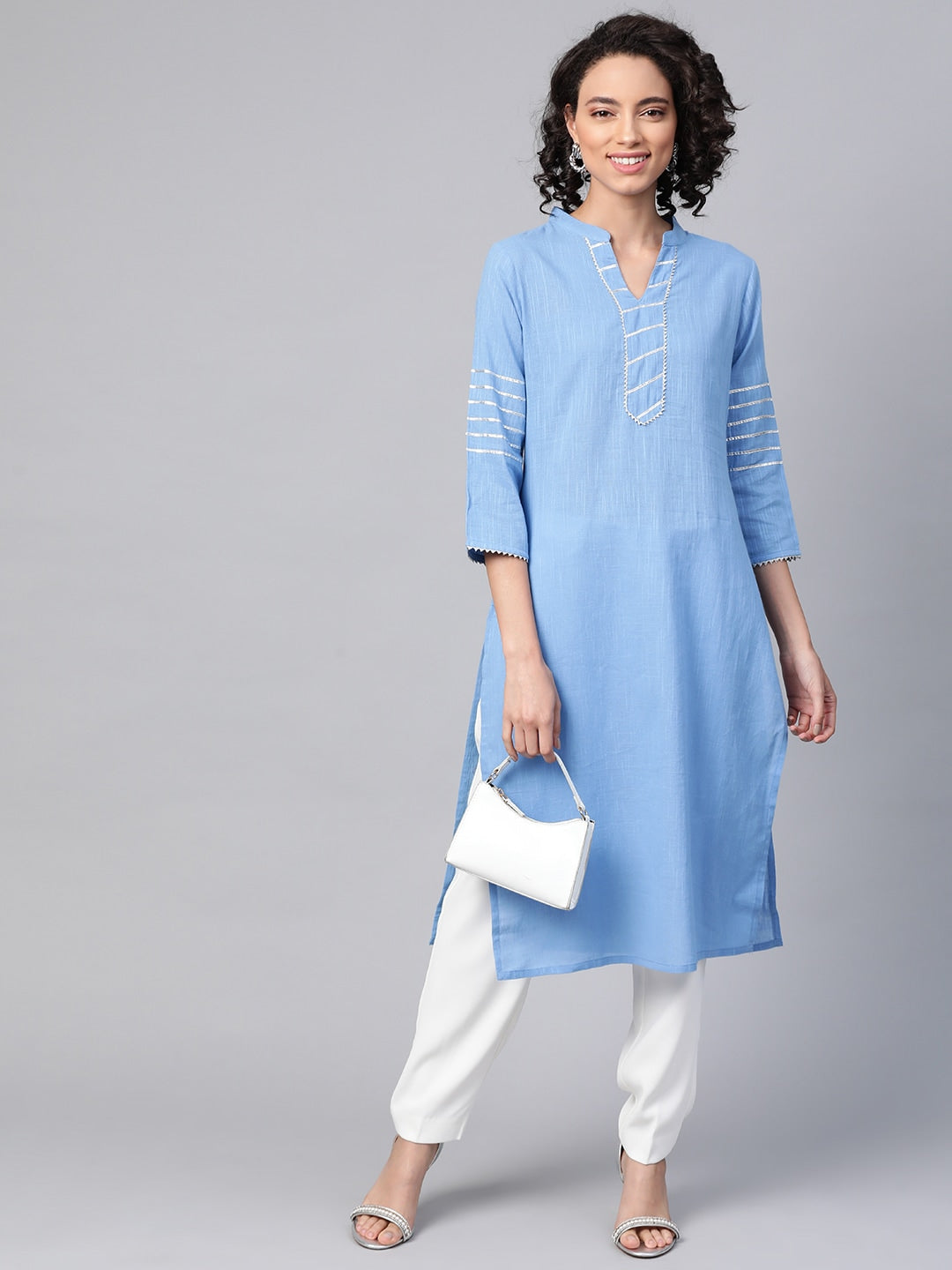 HERE&NOW Women Blue & White Pure Cotton Solid Straight Kurta