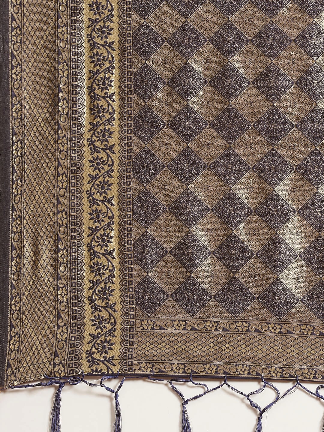 Grab2Buy Mall Navy Blue & Gold-Toned Ethnic Motifs Zari Silk Blend Banarasi Sarees 