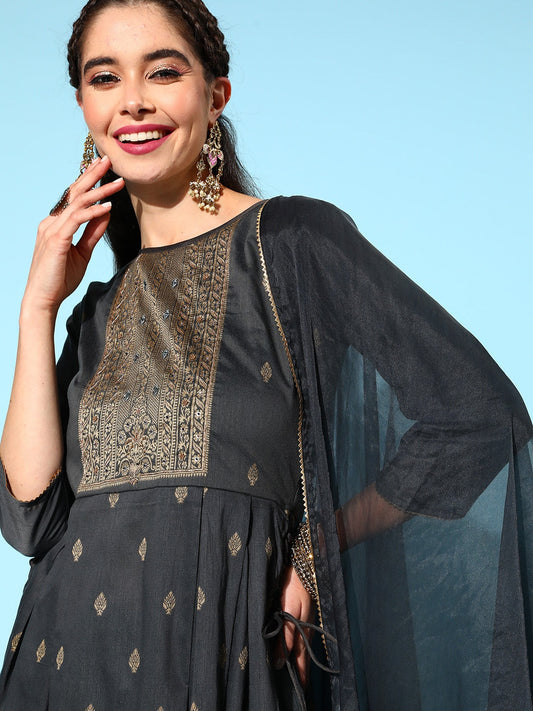 Sangria Ethnic Motifs Yoke Design Pleated Chanderi Silk Kurta with Trousers & With Dupatta - Grab2buy
