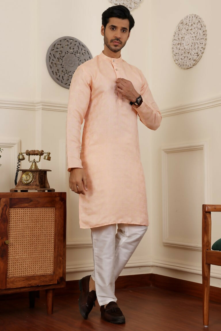 Peach Viscose Woven Jacquard Work Men's Rajwadi Kurta Set - Mahotsav