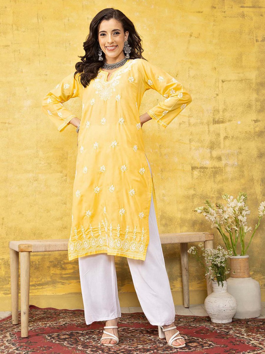 ADA Women Yellow & White Chikankari Embroidered Straight Sustainable Handloom Kurta 