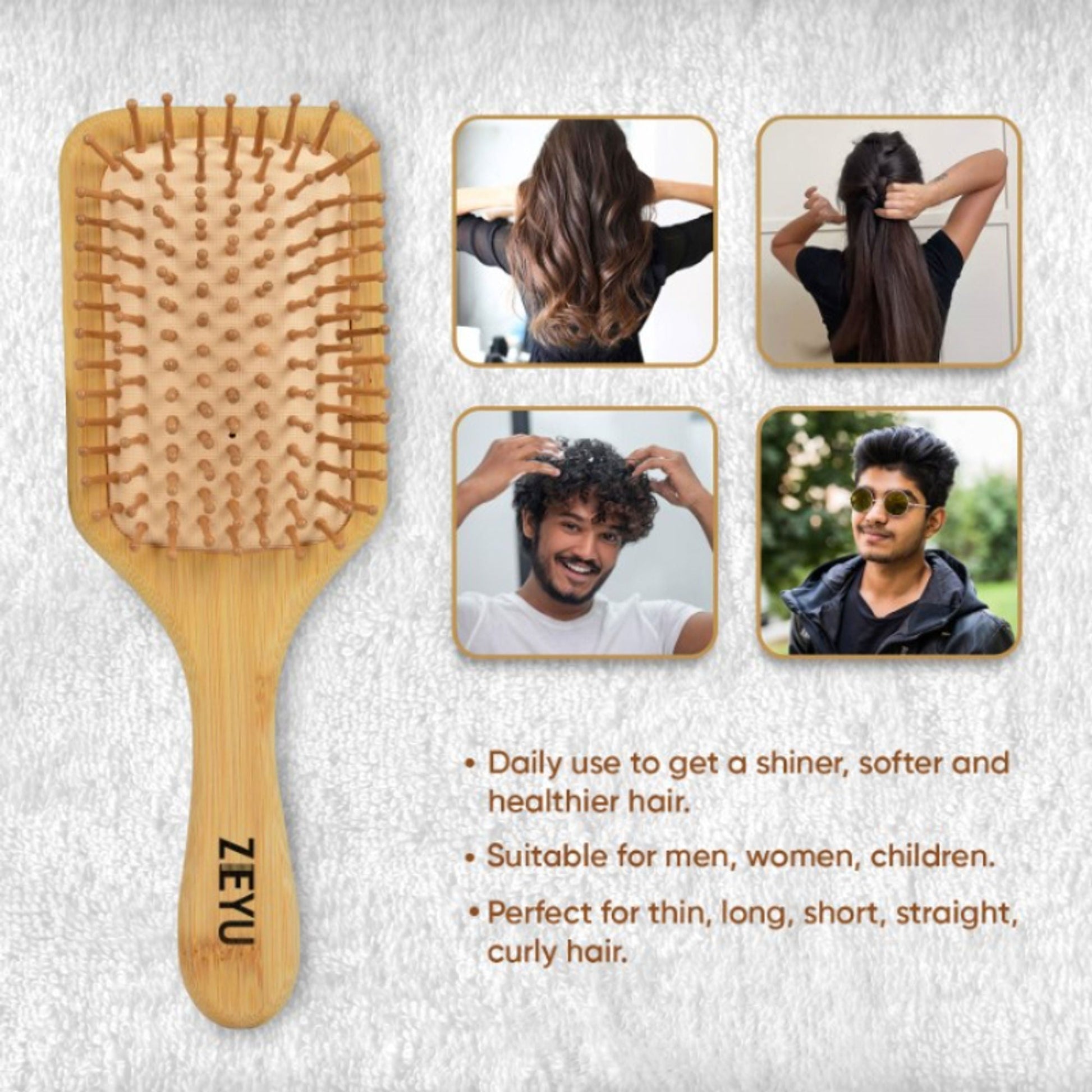 ZEYU Wooden Rectangular Bamboo Hair Brush With Round Ball Bristles - Brown  Grab2Buy ZEYU Grab2Buy
