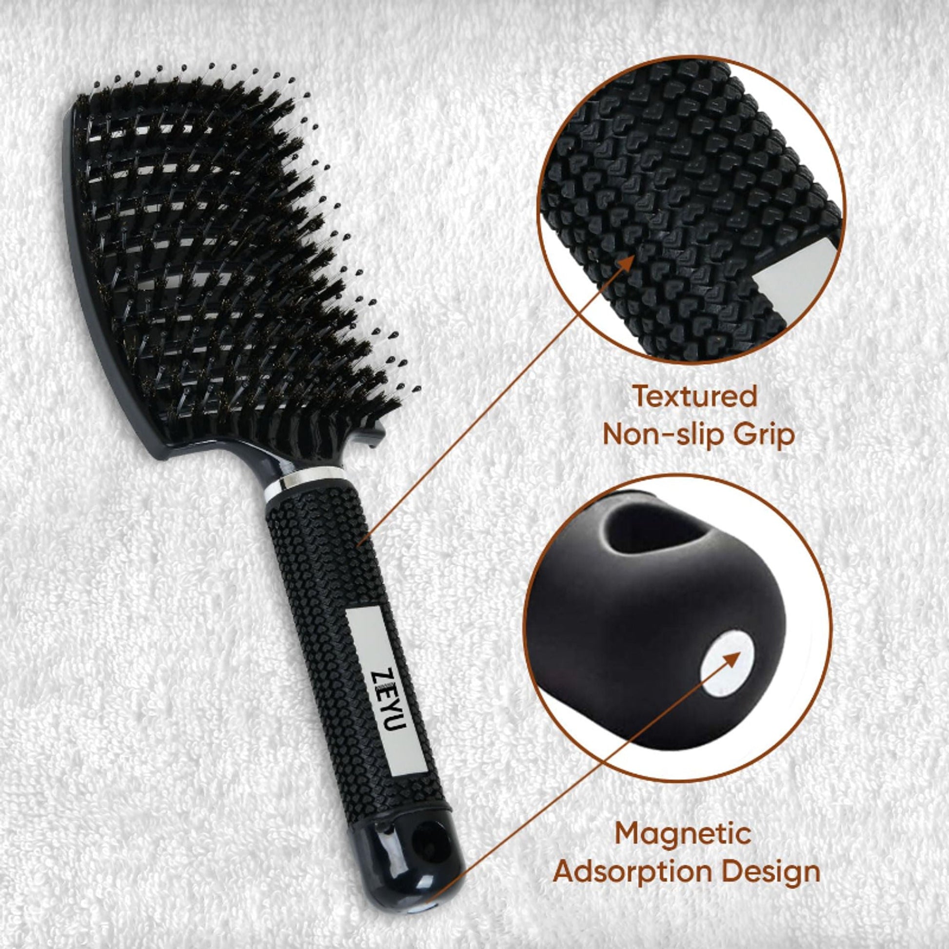 ZEYU Detangler Big Curved Brush With Natural Boar Bristles- Black  Grab2Buy ZEYU Grab2Buy