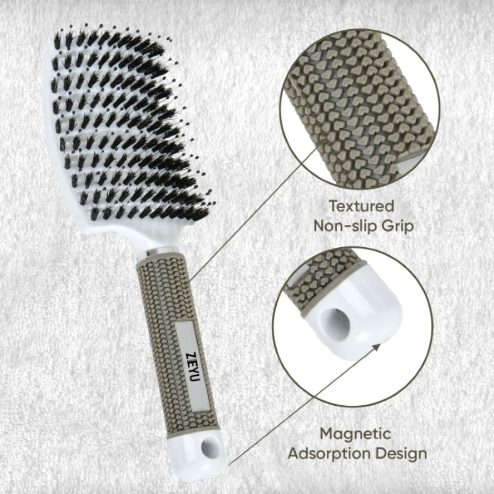 ZEYU Detangler Big Curved Brush With Natural Boar Bristles - White  Grab2Buy ZEYU Grab2Buy