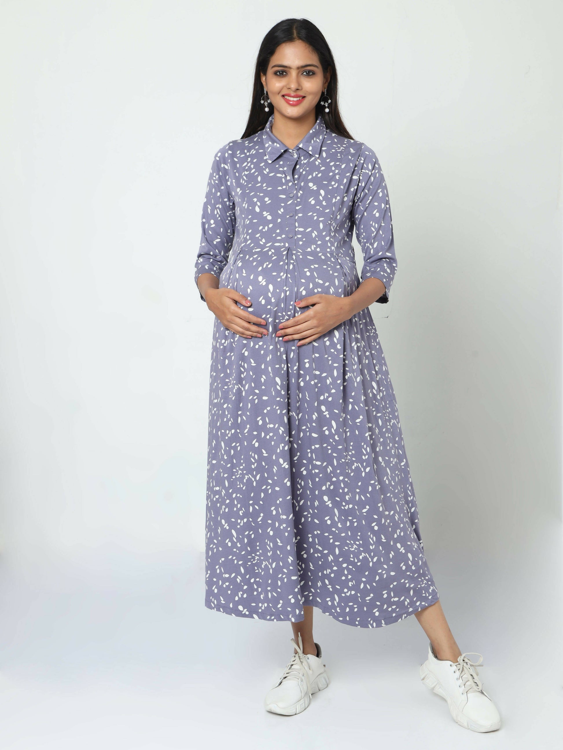 Manet Three Fourth Maternity Dress White Dot Print With Concealed Zipper Nursing Access - Blue