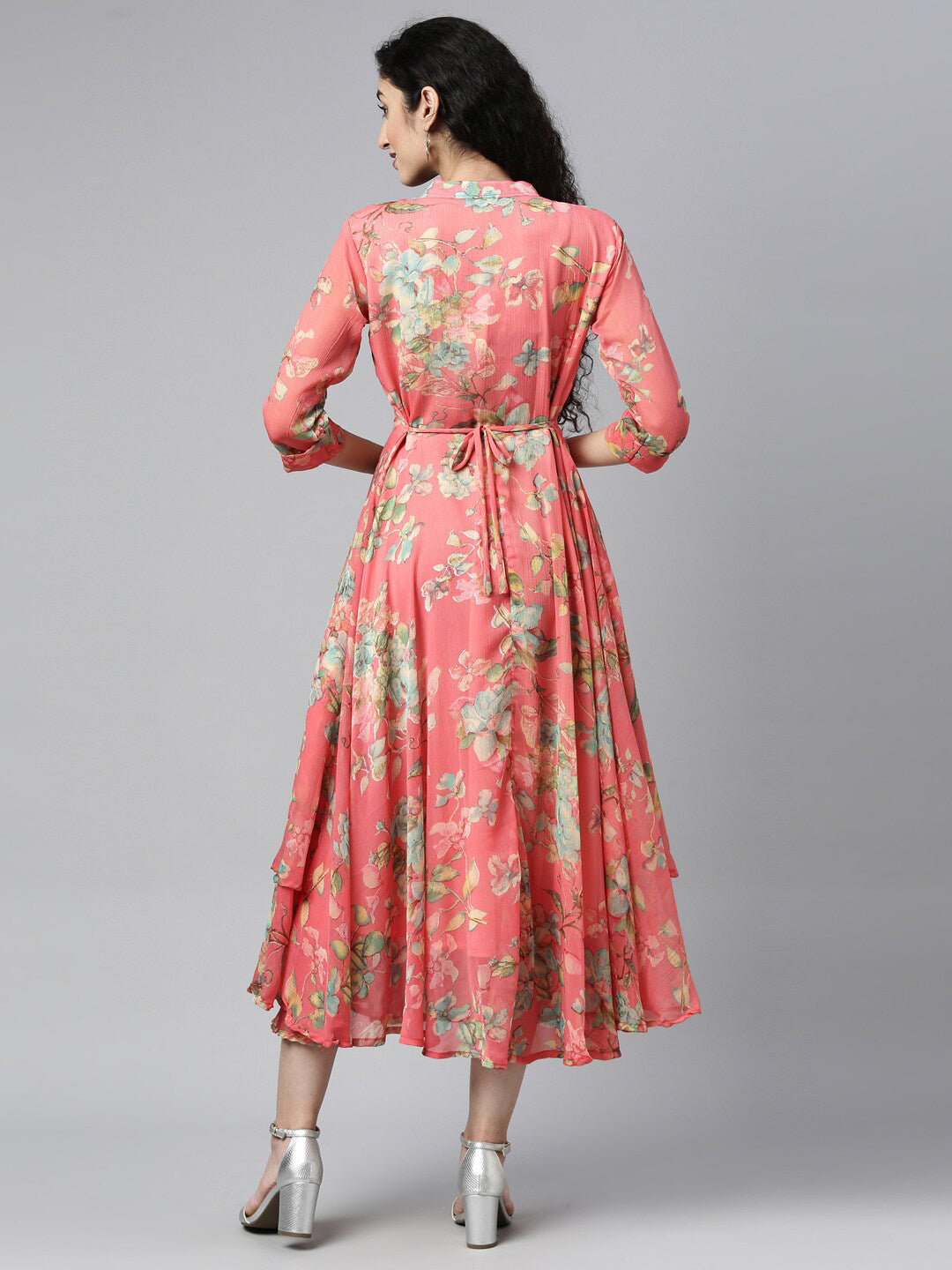 Souchii Women Pink & Green Floral Layered A-Line Midi Dress 