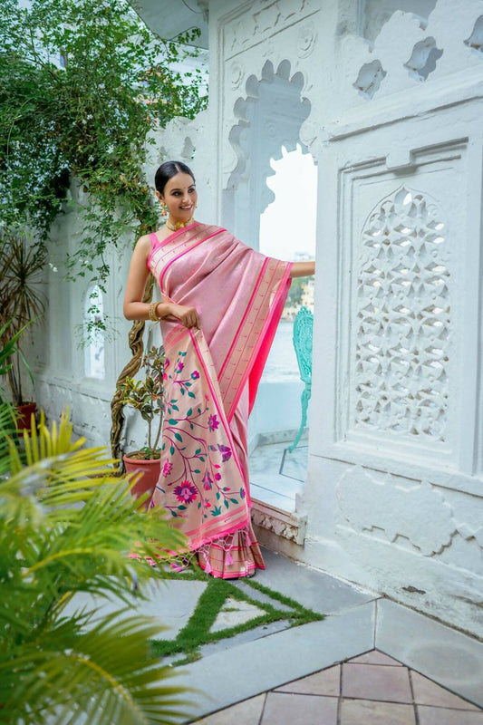 Aastha Fashion Baby Pink Woven Kanjivaram Silk Saree with Blouse - Grab2buy