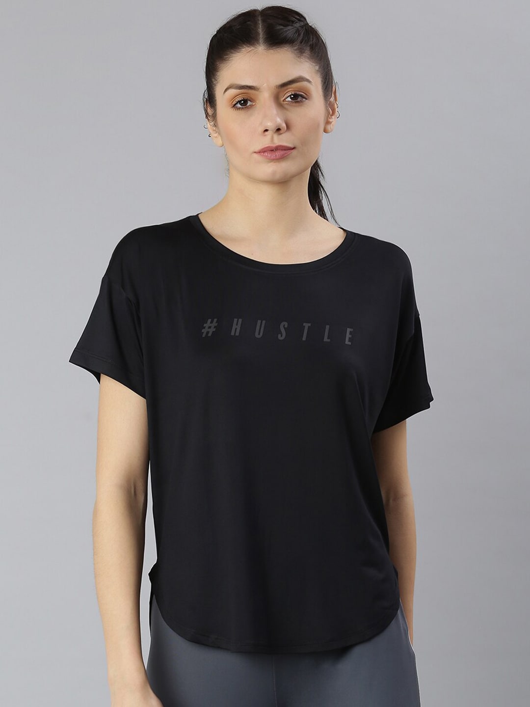 MKH Women Black Typography Printed Dri-FIT Sports T-shirt 