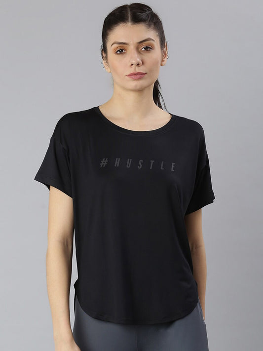 MKH Women Black Typography Printed Dri-FIT Sports T-shirt 