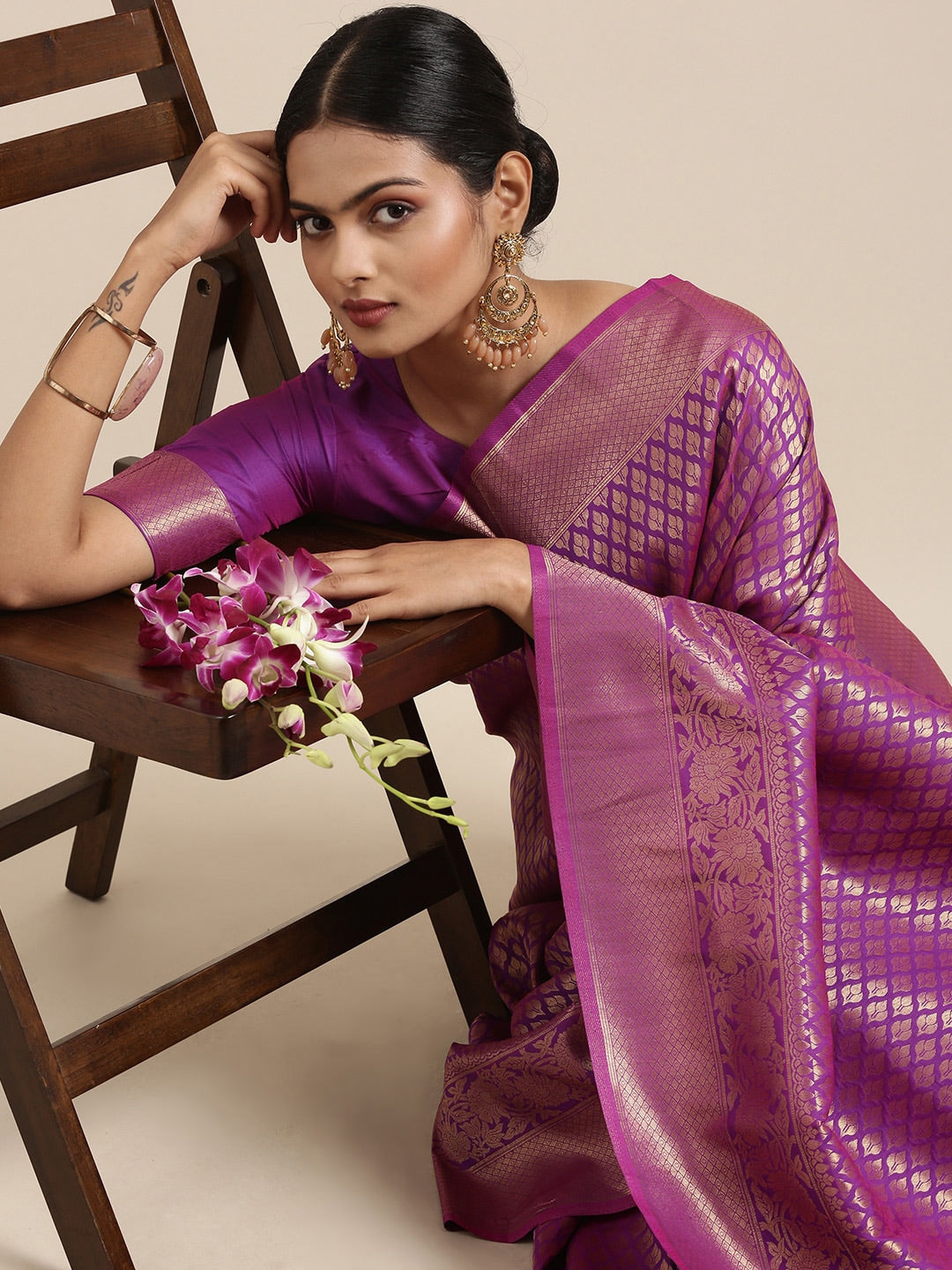 Saree Mall Purple Ethnic Motifs Zari Silk Blend Banarasi Sarees | Swadesiicart