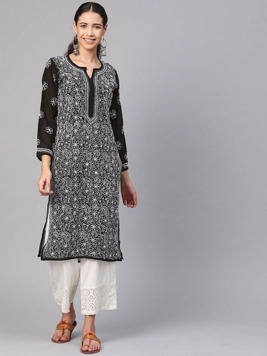 ADA Women Black & White Chikankari Hand Embroidered Semi-Sheer Straight Sustainable Handloom Kurta 