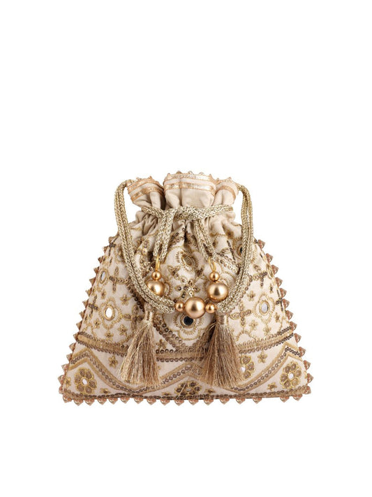 Masq Beige Embellished Embroidered Potli Clutch - Grab2buy