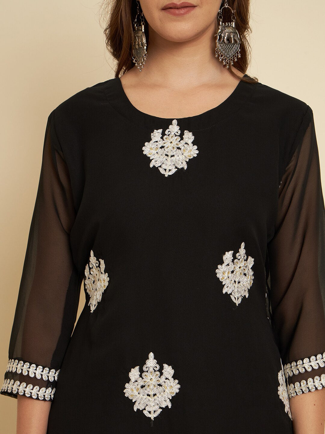 HERE&NOW Black & White Ethnic Motifs Chikankari Embroidered Georgette Kurta 