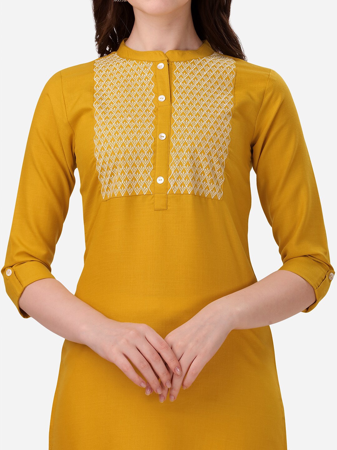 HERE&NOW Yoke Design Mandarin Collar Thread Work Cotton Kurta 