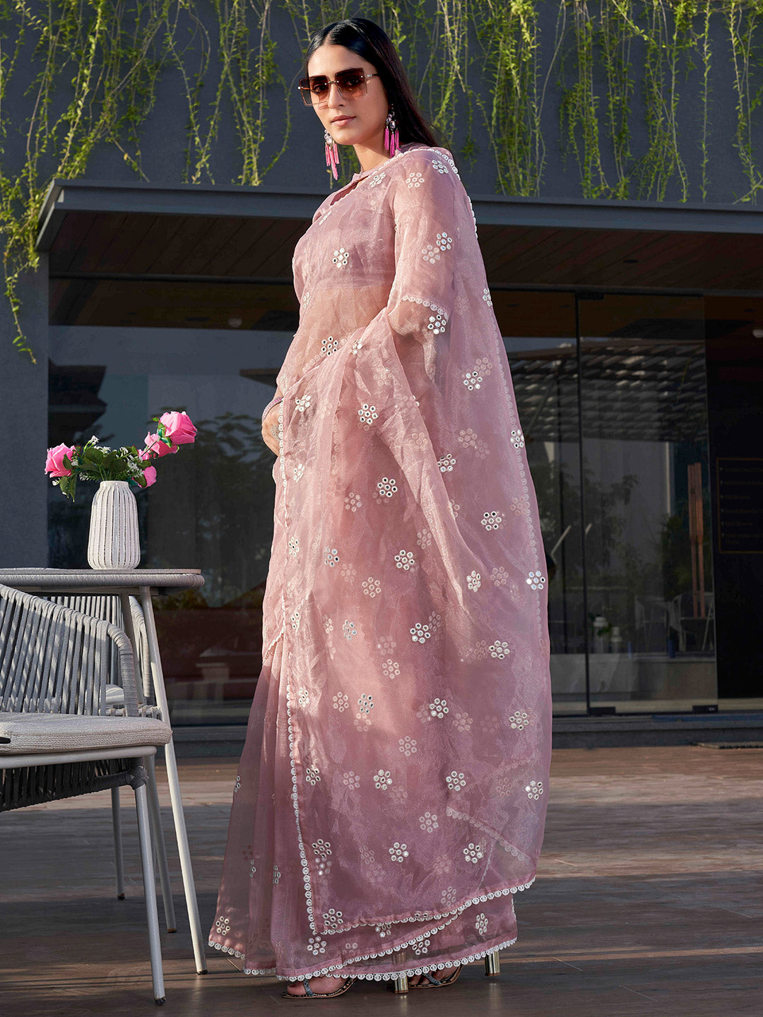 Tikhi Imli Pink Floral Embroidered Mirror Work Organza Grab2Buy 