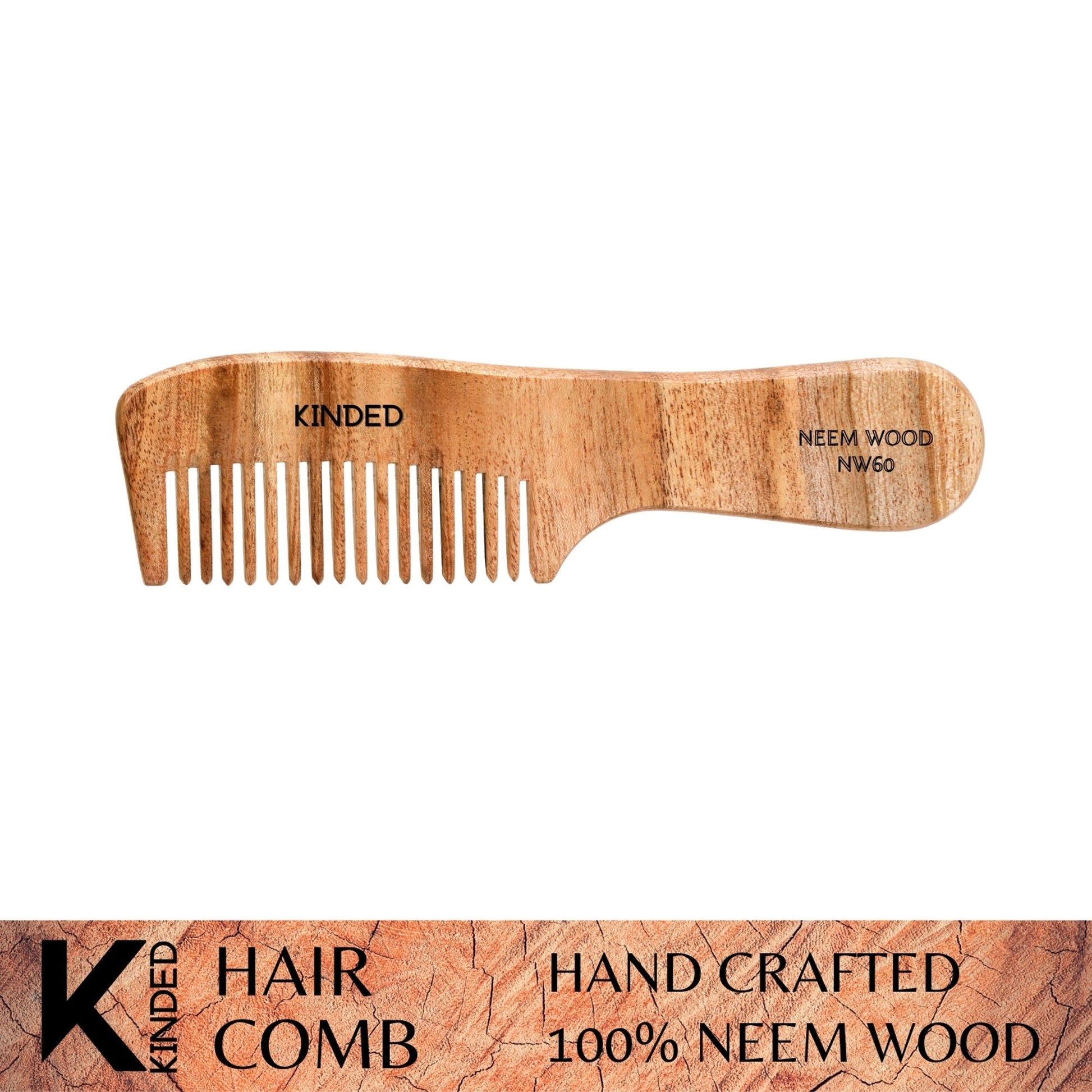 KINDED Handmade Oil Treated Wooden Hair Comb - Neem Wood NW60, Regular Tooth Comb with Handle