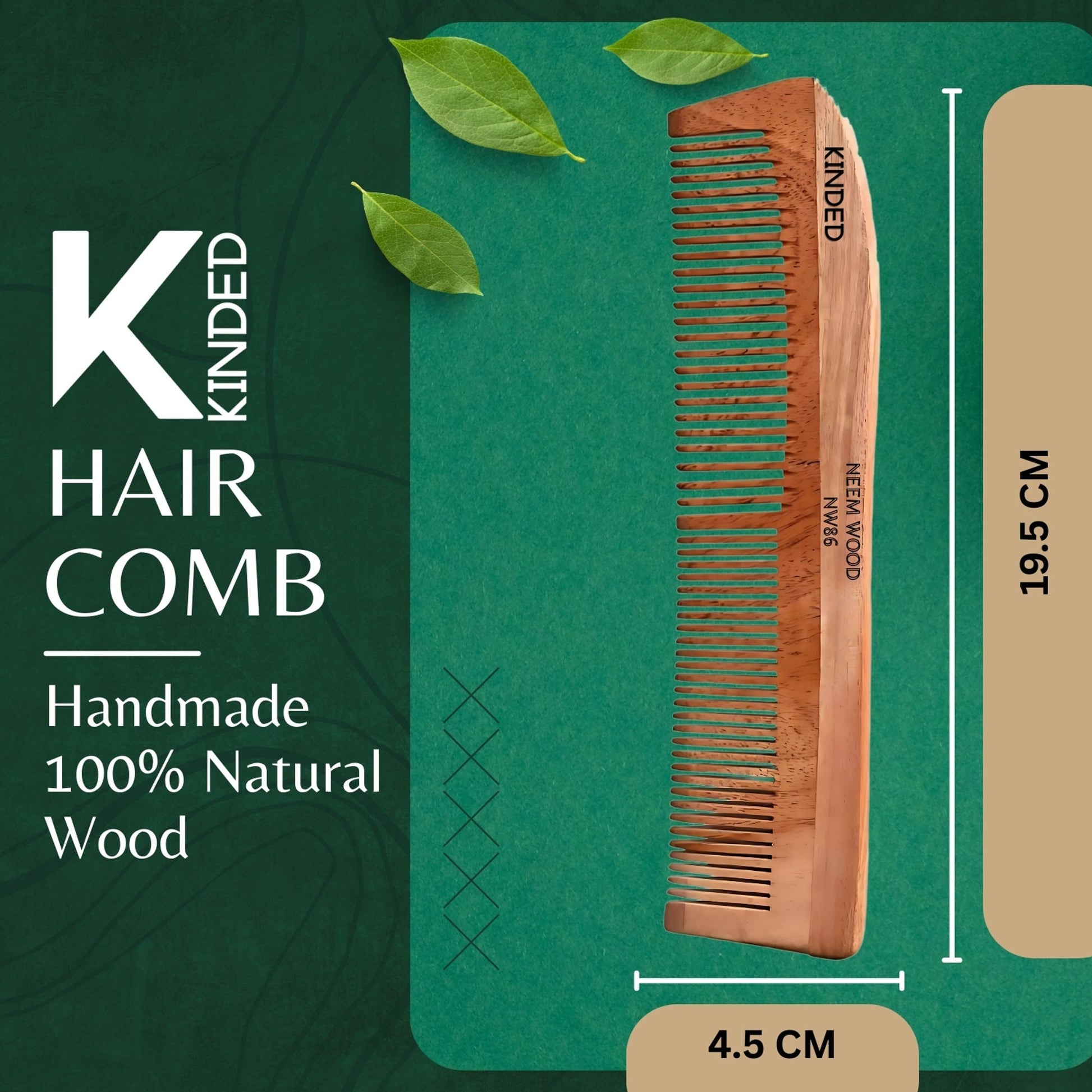 KINDED Handmade Oil Treated Wooden Hair Comb - Neem Wood NW86, Dual Tooth