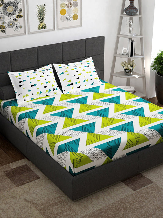 Story@home Ventura Green Geometric 152 TC Cotton Queen Bedsheet With 2 Pillow Covers 