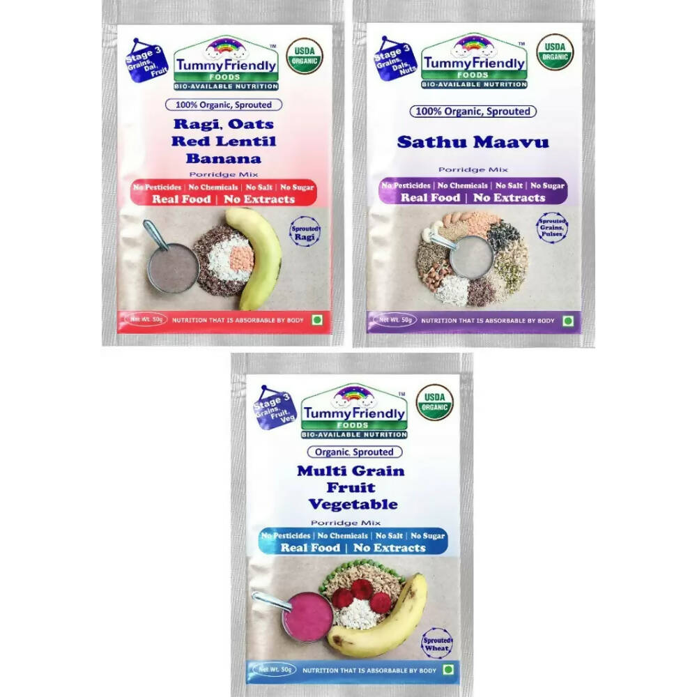 TummyFriendly Foods Certified Stage3 Porridge Mixes Trial Packs - Ragi, Sathu Maavu, MultiGrain for 8 Months Old Baby  Grab2Buy TummyFriendly Foods Grab2Buy