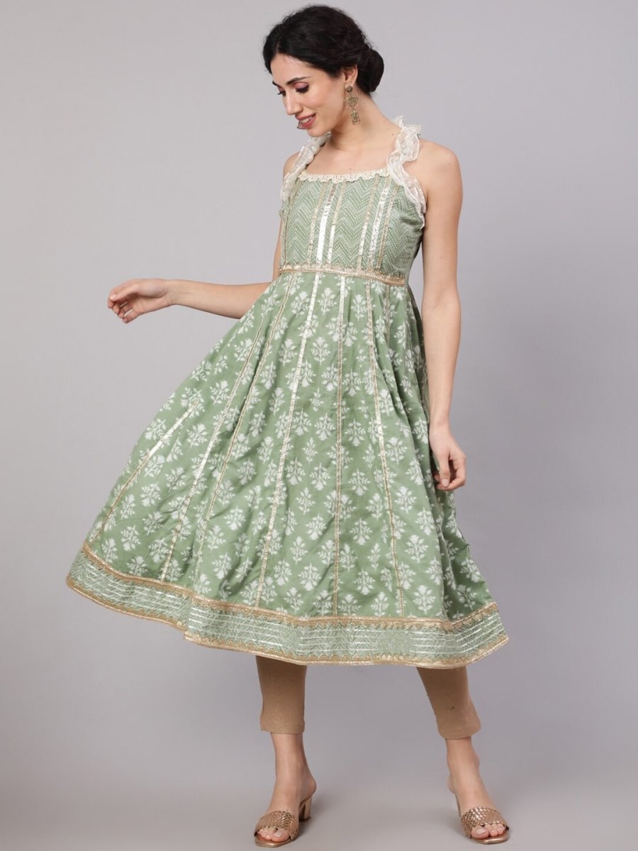 Aks Floral Printed Shoulder Straps Empire Gotta Patti Pure Cotton Kurta