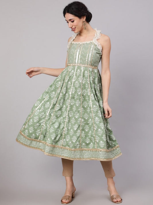 Aks Floral Printed Shoulder Straps Empire Gotta Patti Pure Cotton Kurta
