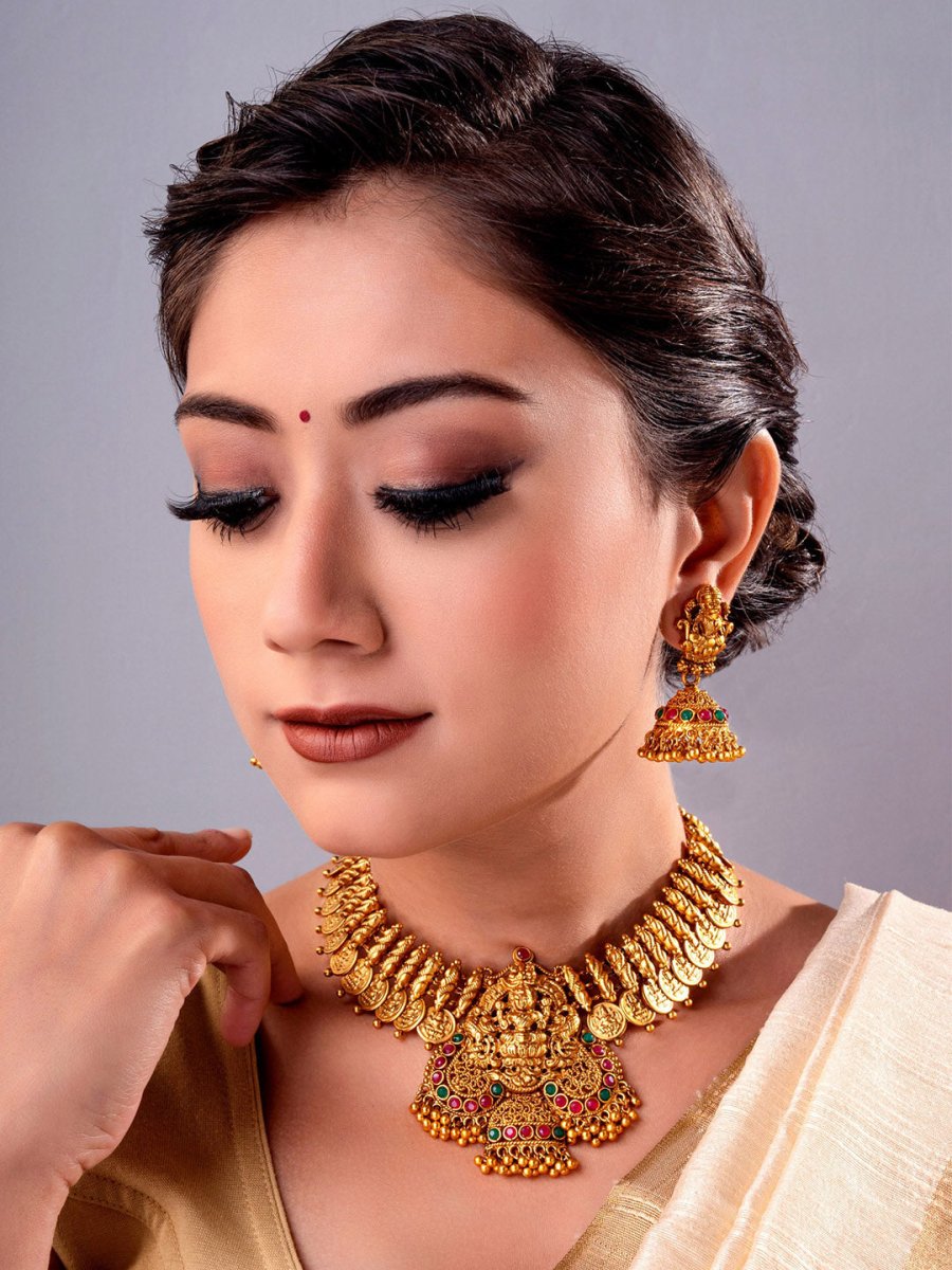 Aadita Gold-Toned Stone-Studded Temple Jewelry Set - Grab2buy