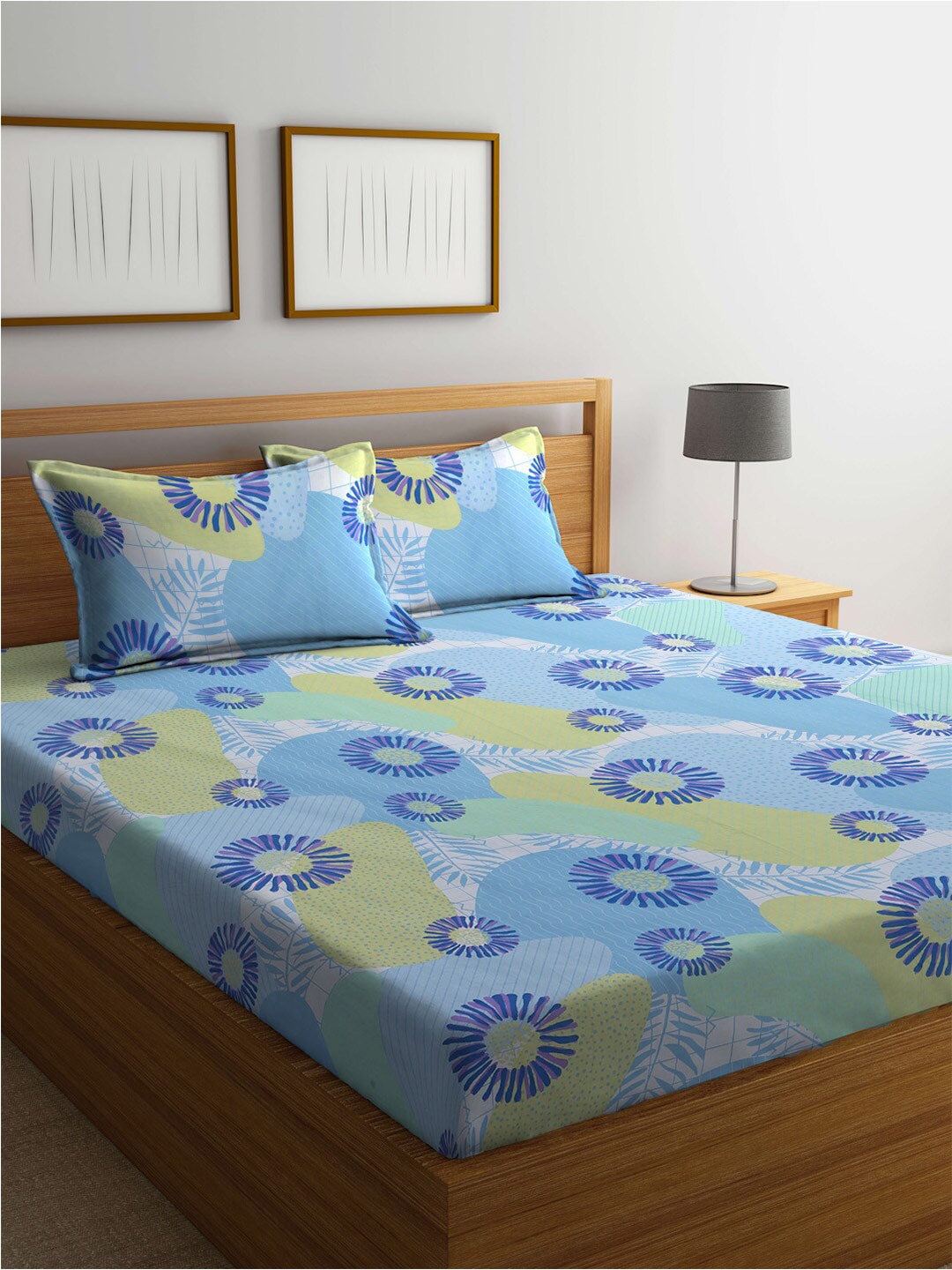 BOMBAY DYEING Serenita Blue Printed Cotton 144 TC King Bedsheet with 2 Pillow Covers | Grab2Buy